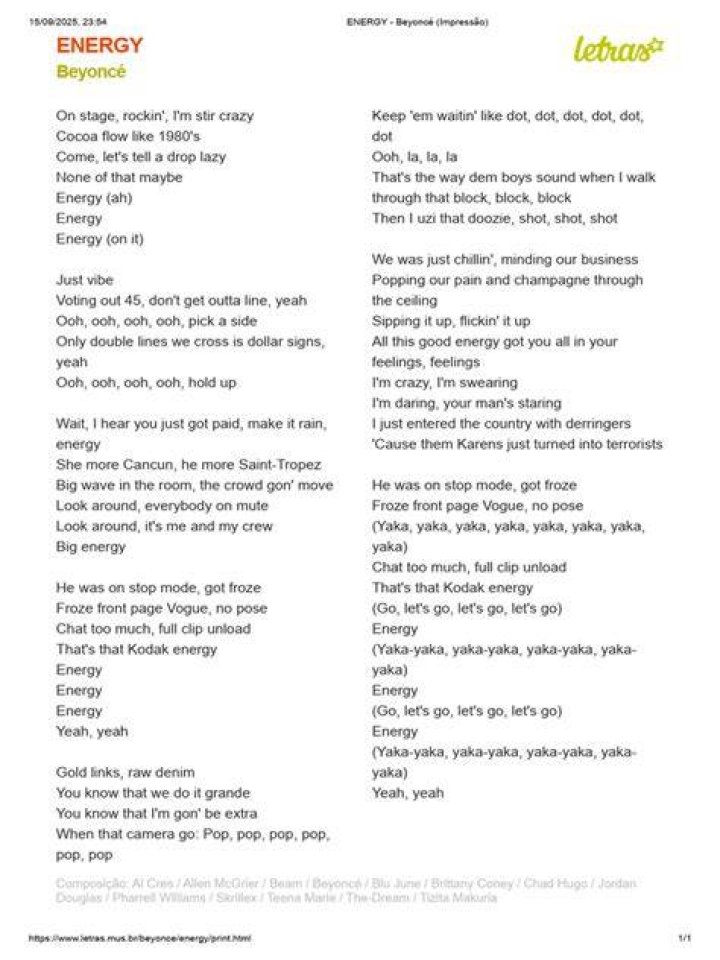 Beyonce energy sample lyrics